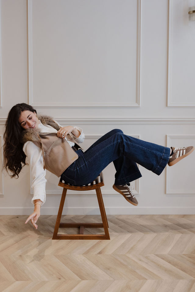 gilet reversible en lainage et col en fourrure beige noir marron fourrure de raton claire