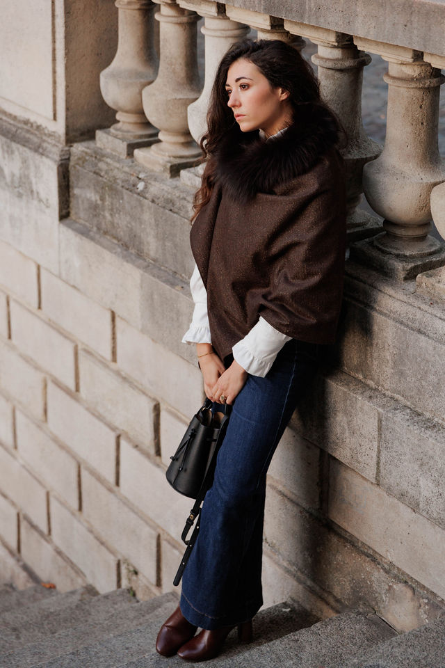 cape iconique velours et lainage fourrure renard brun amovible