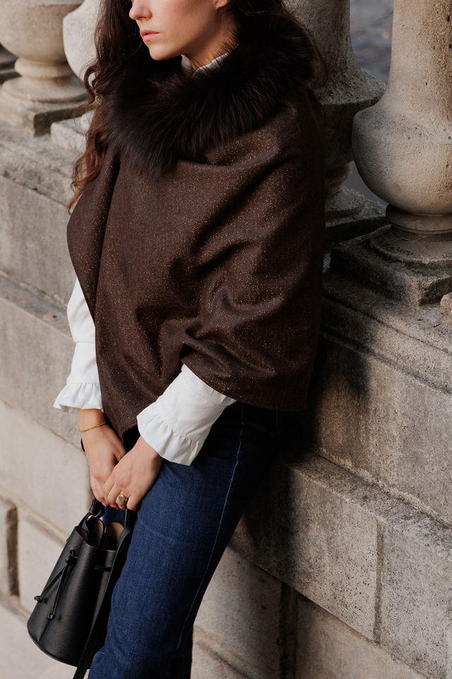 cape iconique velours et lainage fourrure renard brun amovible