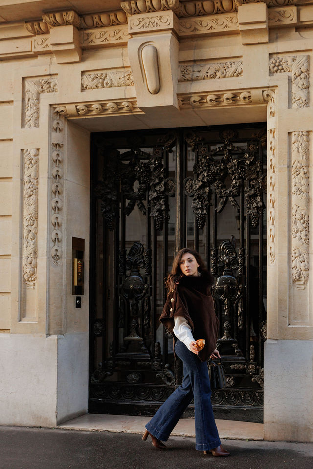 cape iconique velours et lainage fourrure renard brun amovible